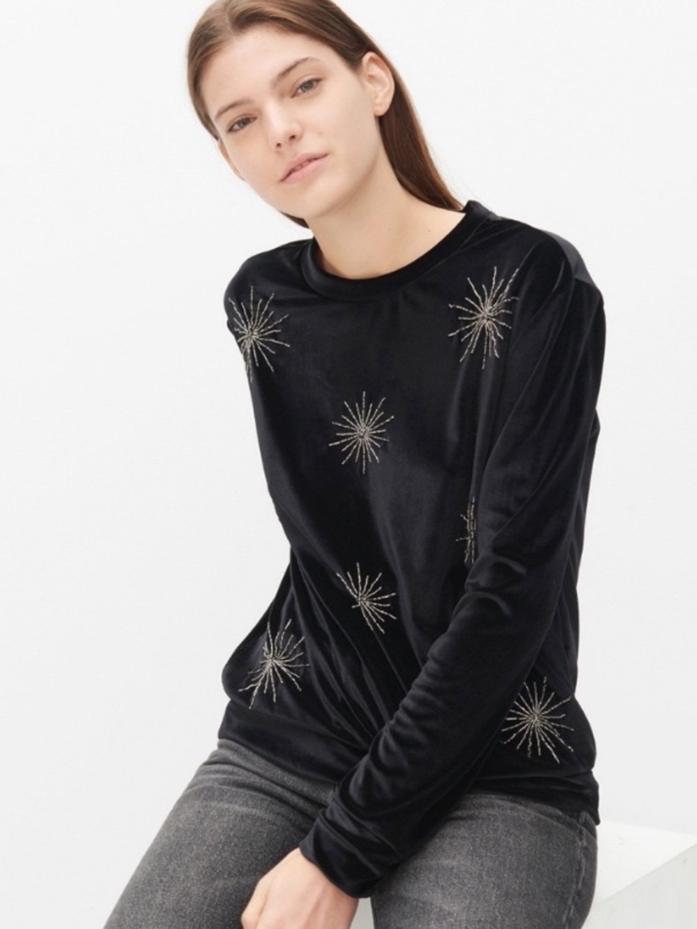 Sandro Velvet Beaded Starburst Crewneck